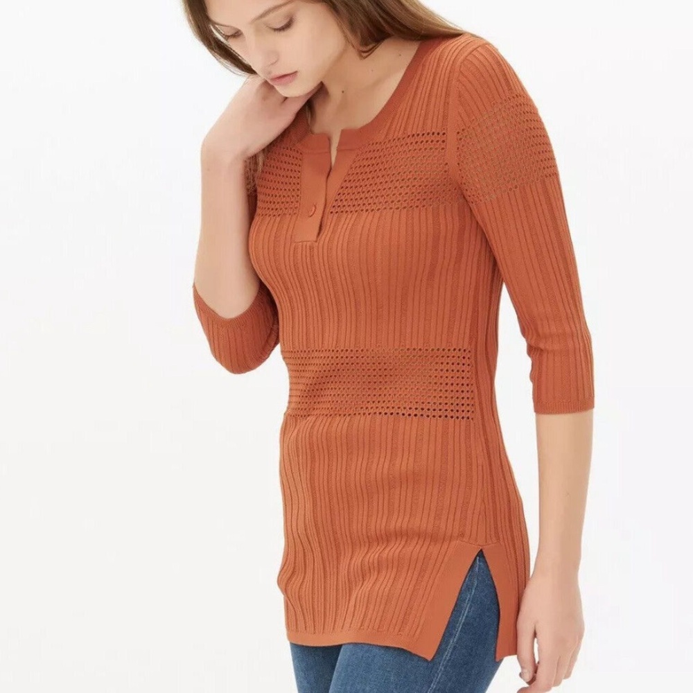 NWT Sandro size 1 Knit Top Short Sleeve Pullover Ribbed Stretch Terra cotta
